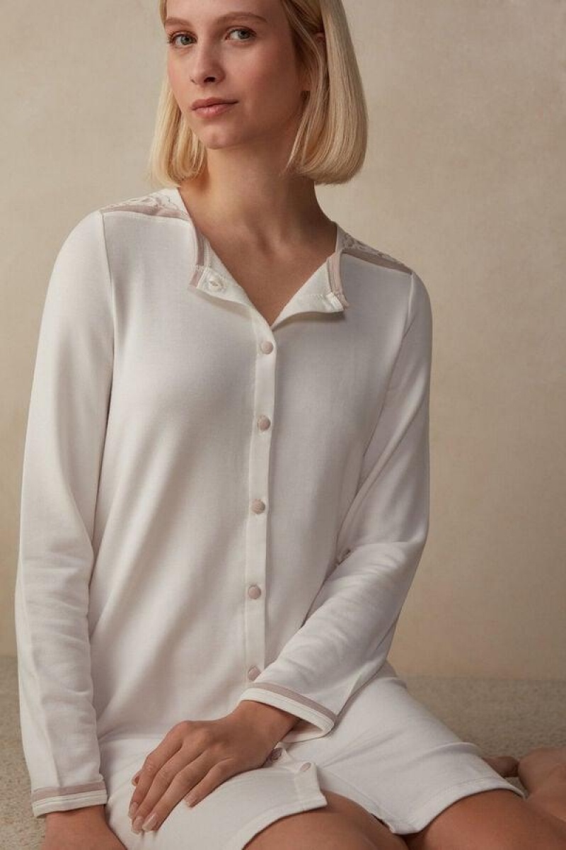 Intimissimi Romantic Bedroom Button Up Night Shirt in Modal with Uld Pyjamas Dame Hvide Lyserød | DK3835QZ