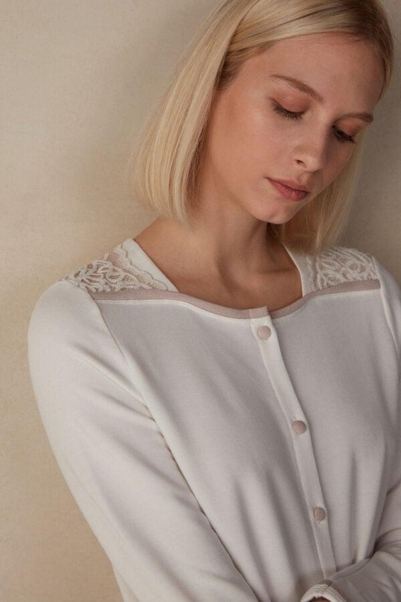 Intimissimi Romantic Bedroom Button Up Night Shirt in Modal with Uld Pyjamas Dame Hvide Lyserød | DK3835QZ