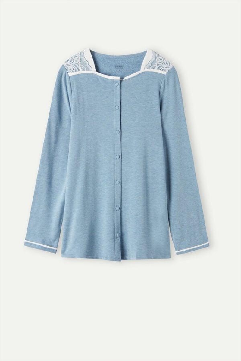 Intimissimi Romantic Bedroom Button Up Top in Modal with Uld Pyjamas Dame Lyseblå | DK3906UT