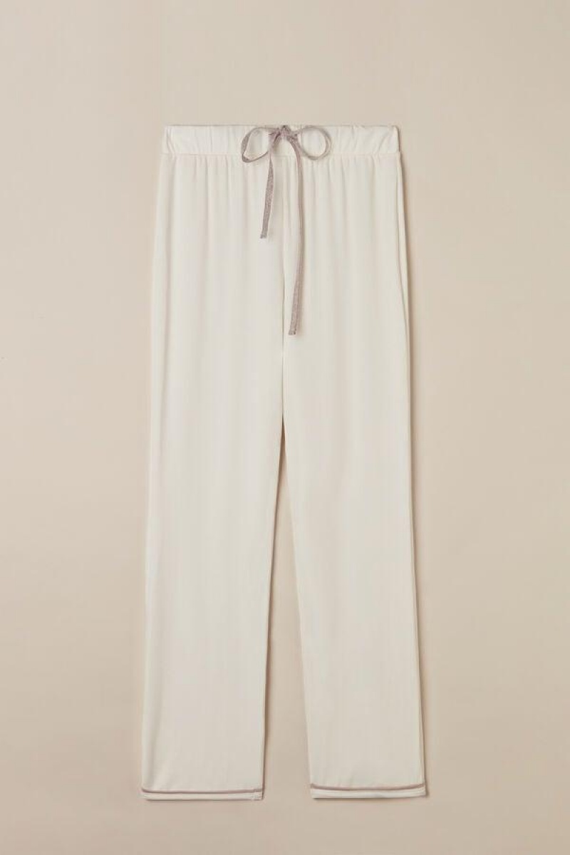 Intimissimi Romantic Bedroom Full Length Pants in Modal with Uld Pyjamas Dame Hvide Lyserød | DK4005SO