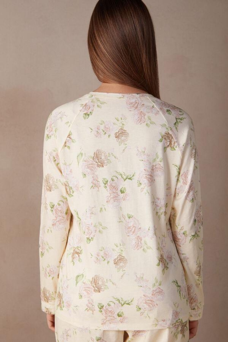 Intimissimi Scent of Roses Long Sleeve Bomulds T-shirt Pyjamas Dame Flerfarvede Hvide | DK3923HK