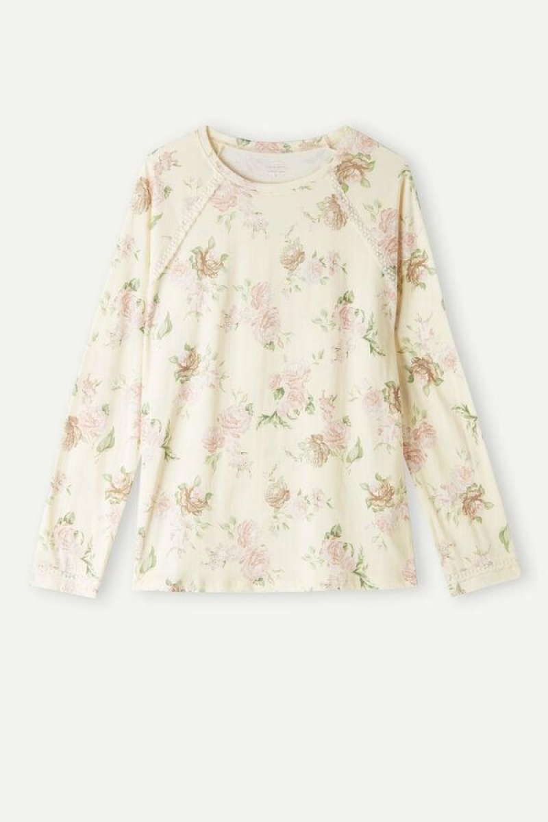 Intimissimi Scent of Roses Long Sleeve Bomulds T-shirt Pyjamas Dame Flerfarvede Hvide | DK3923HK