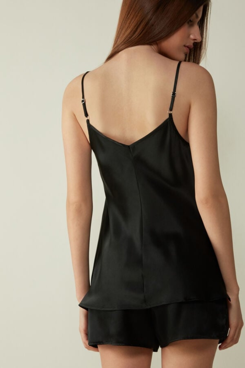 Intimissimi Silk Satin with V-neckline Tank Top Dame Sort | DK4353EX