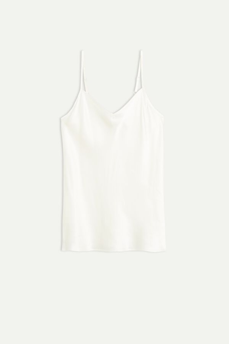 Intimissimi Silk Satin with V-neckline Tank Top Dame Hvide | DK4351TV