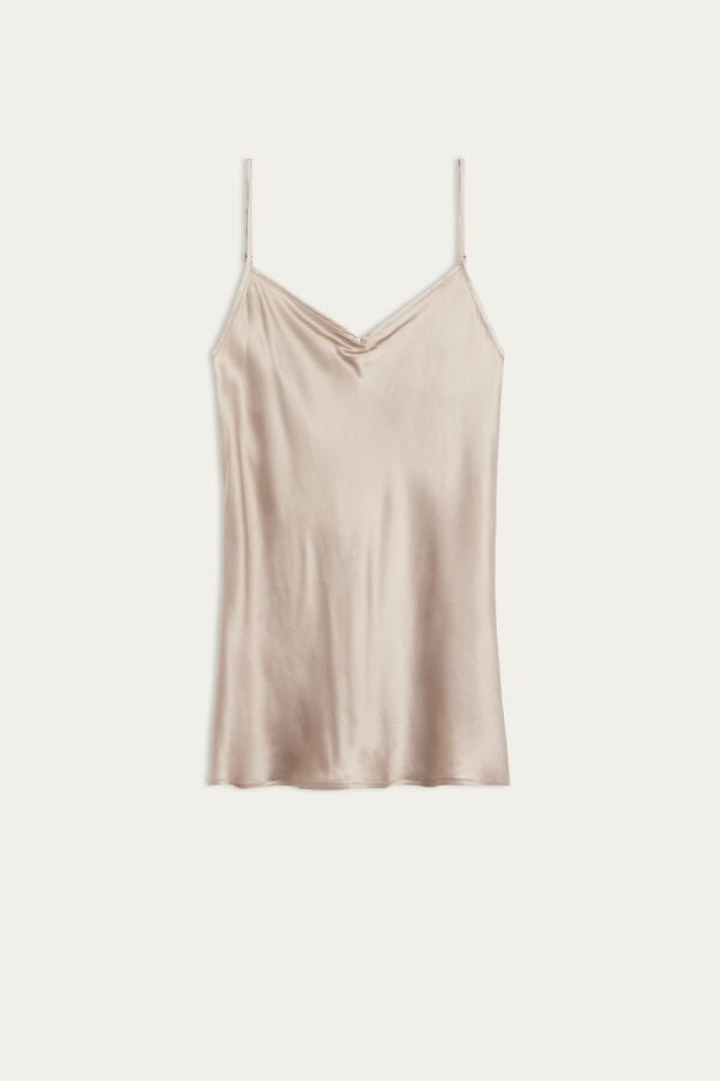 Intimissimi Silk Satin with V-neckline Tank Top Dame Beige | DK4350YU