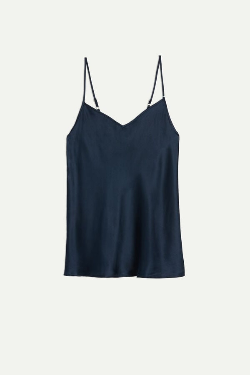 Intimissimi Silk Satin with V-neckline Tank Top Dame Blå | DK4348IS