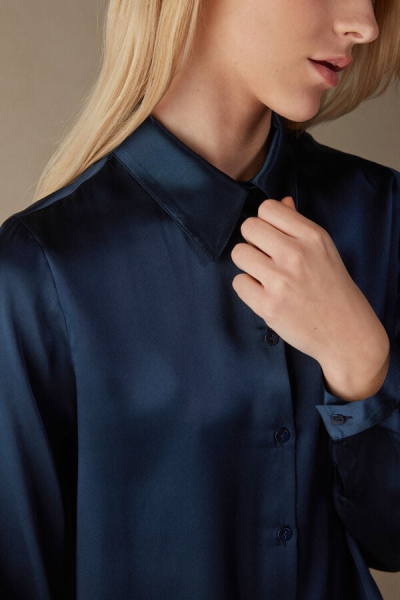 Intimissimi Silk Shirt Lange Ærmer Dame Blå | DK4242PQ