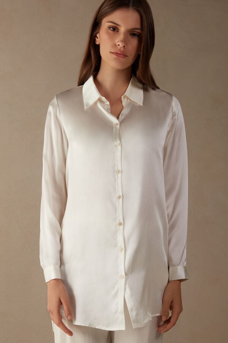 Intimissimi Silk Shirt Lange Ærmer Dame Hvide | DK4250WY