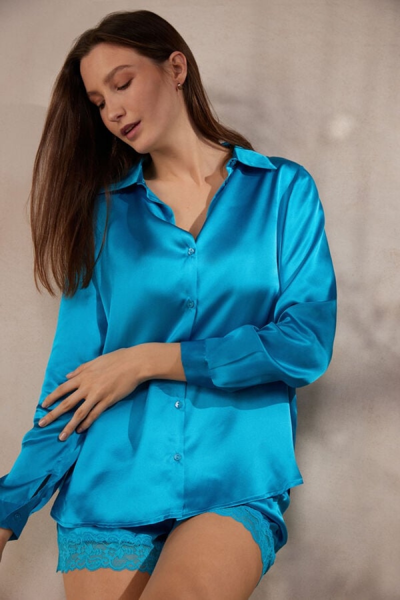 Intimissimi Silk Shirt Lange Ærmer Dame Turkis | DK4223WY