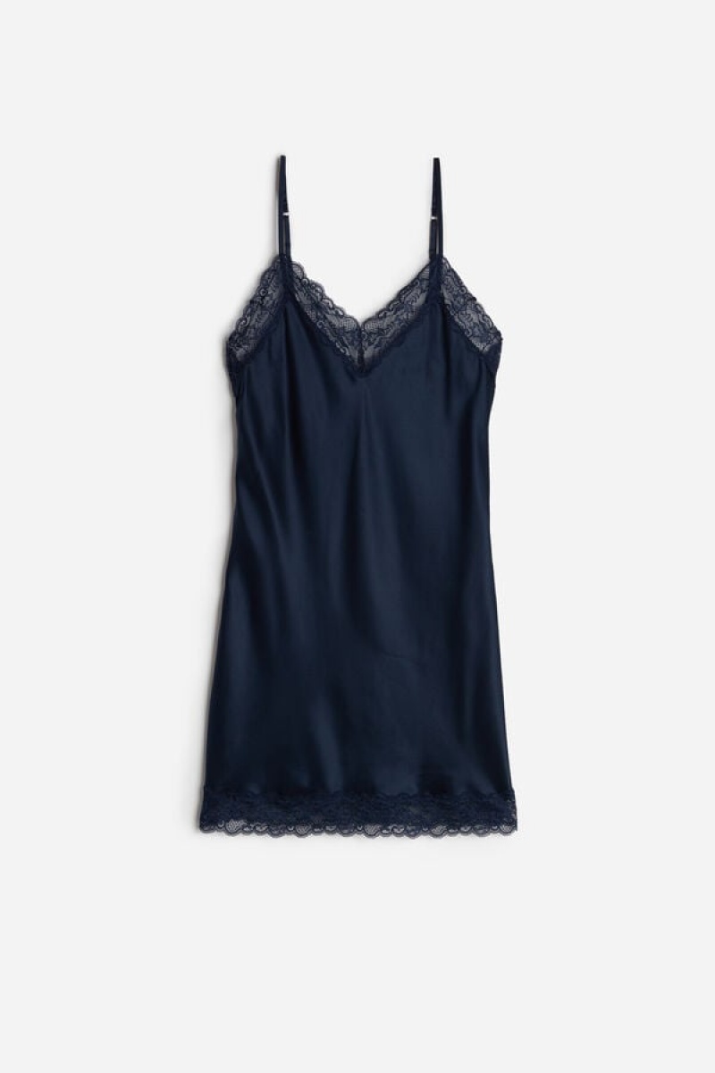 Intimissimi Silk Slip with Blonder Insert Detail Lingeri Dame Blå | DK4139OR