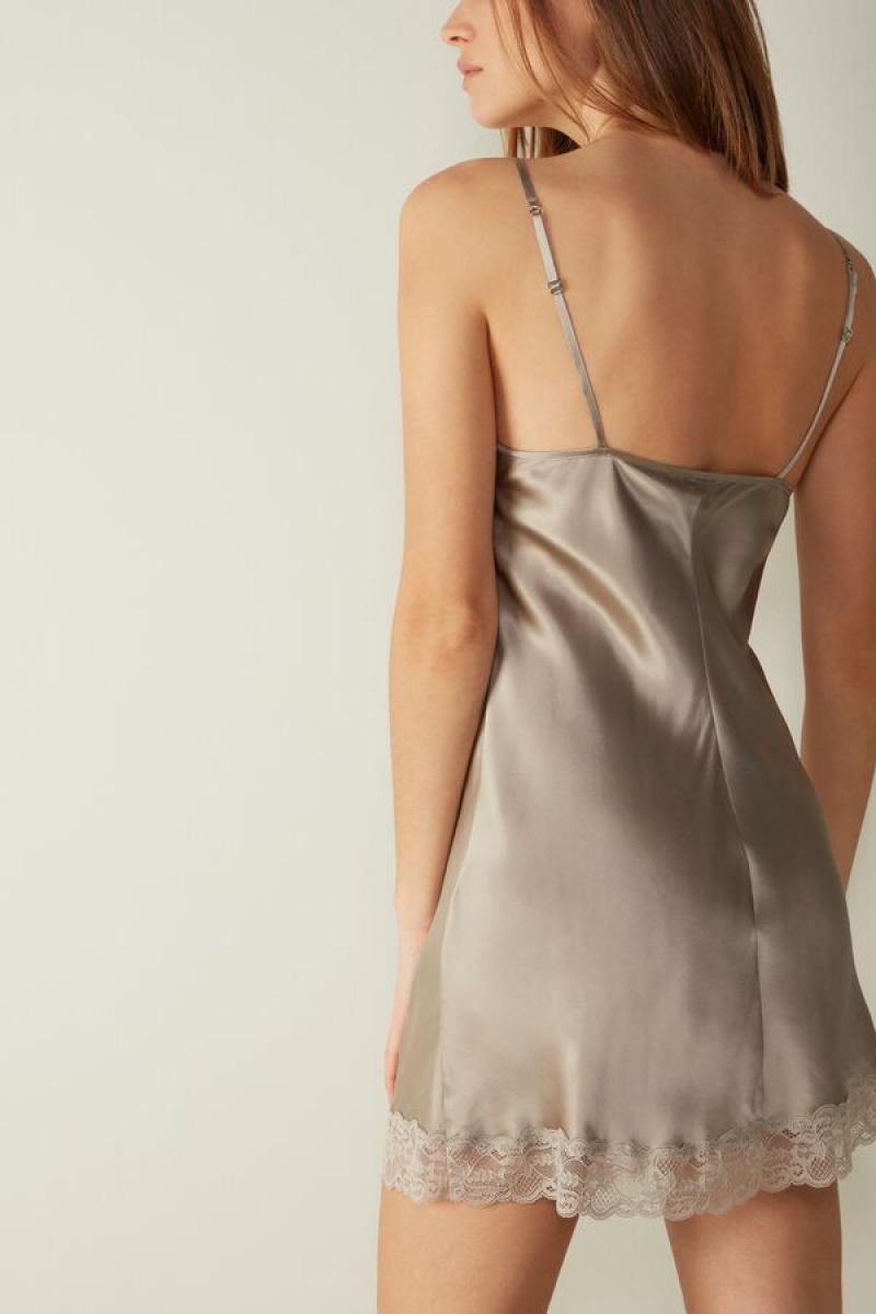 Intimissimi Silk Slip with Blonder Insert Detail Lingeri Dame Beige | DK4130JJ