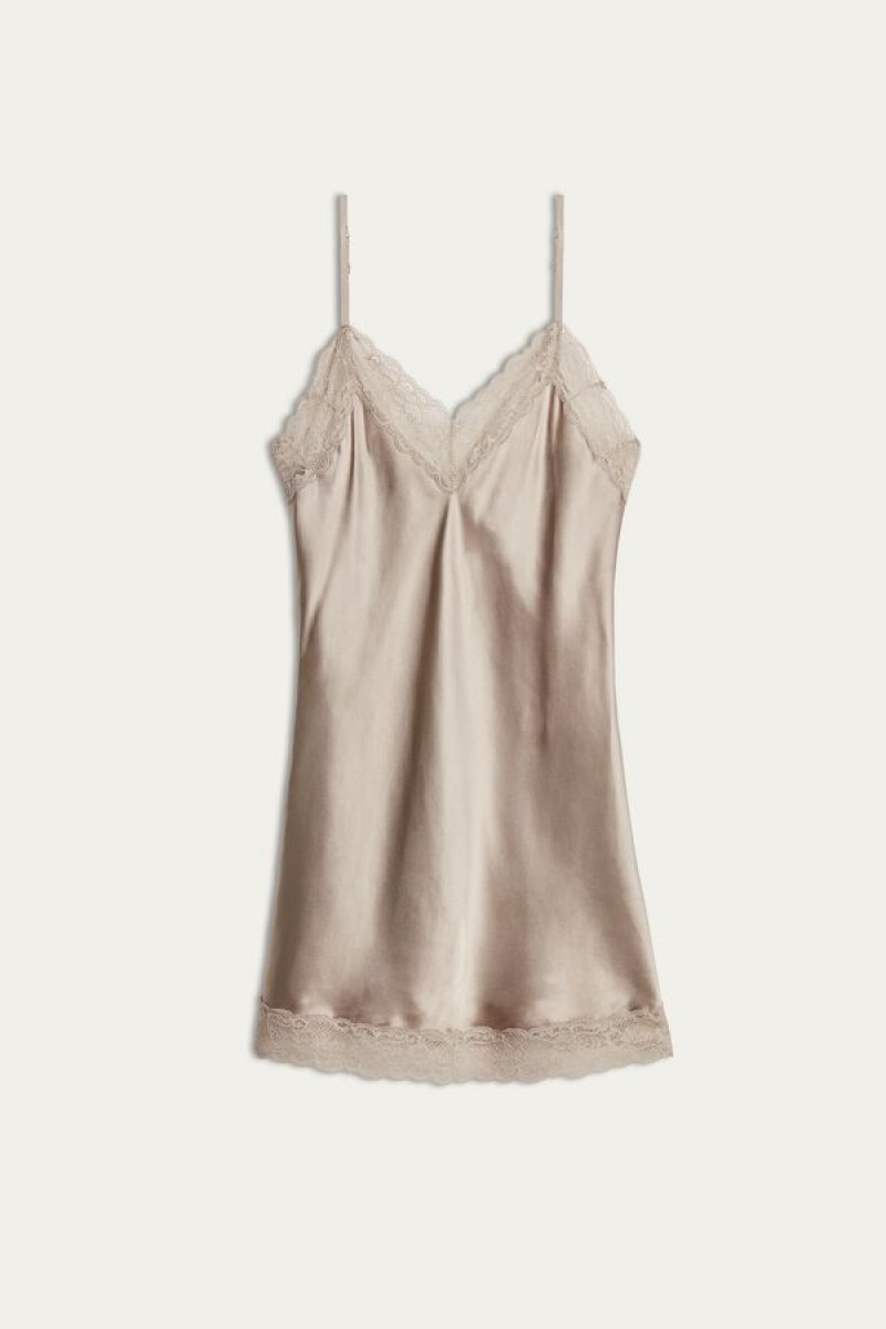 Intimissimi Silk Slip with Blonder Insert Detail Lingeri Dame Beige | DK4130JJ