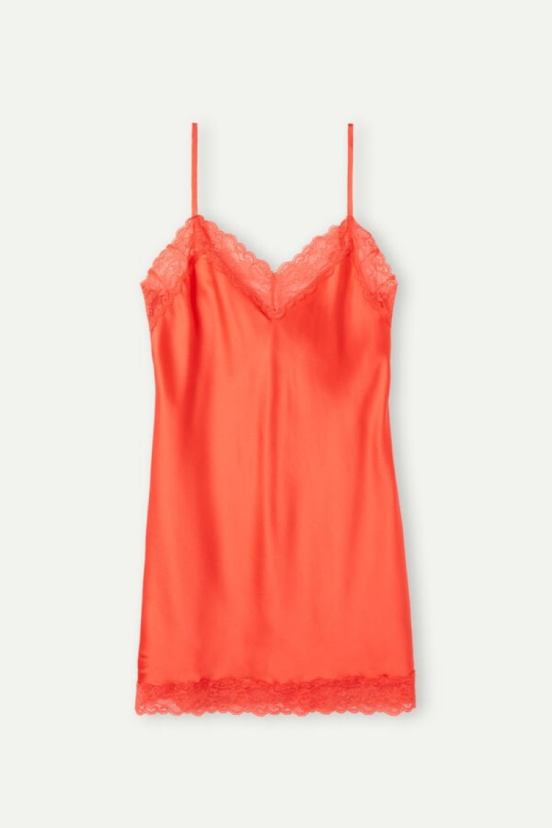 Intimissimi Silk Slip with Blonder Insert Detail Lingeri Dame Dyb Rød | DK4112OR