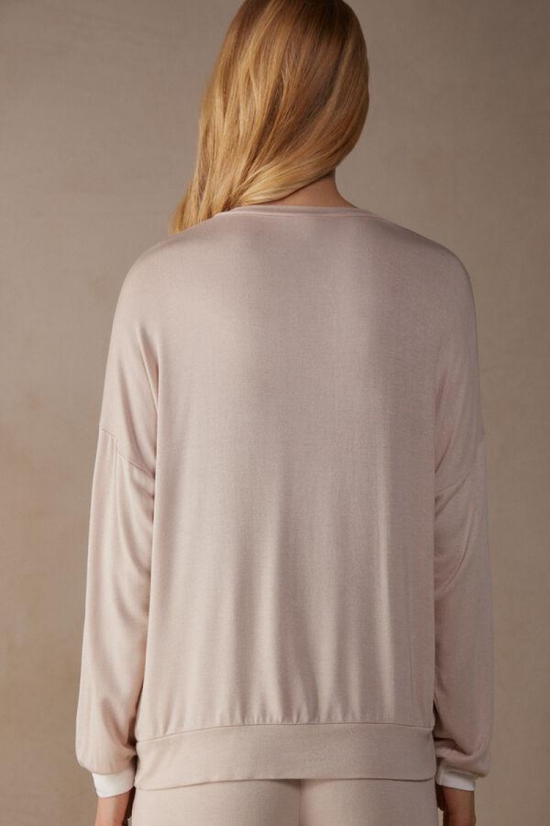 Intimissimi Simple Elegance Long Sleeve Top in Modal Pyjamas Dame Lyserød Hvide | DK3911WY