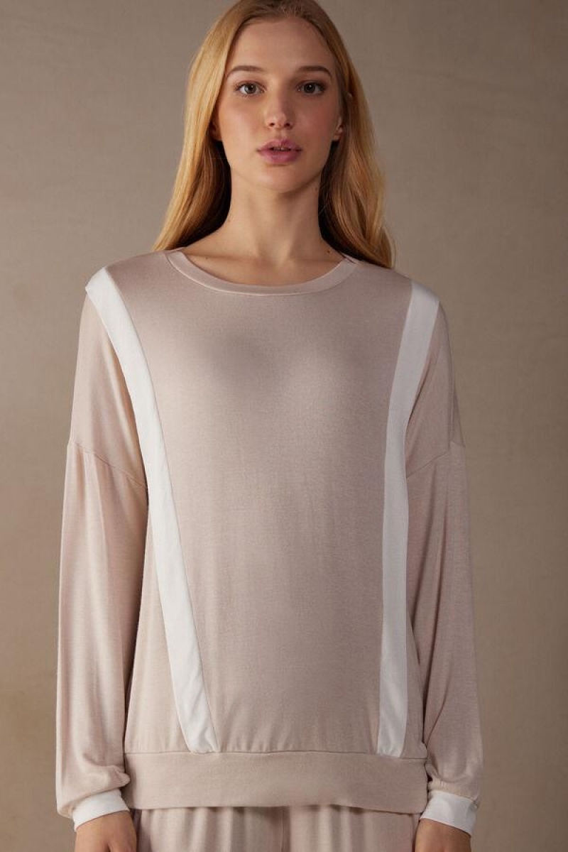 Intimissimi Simple Elegance Long Sleeve Top in Modal Pyjamas Dame Lyserød Hvide | DK3911WY