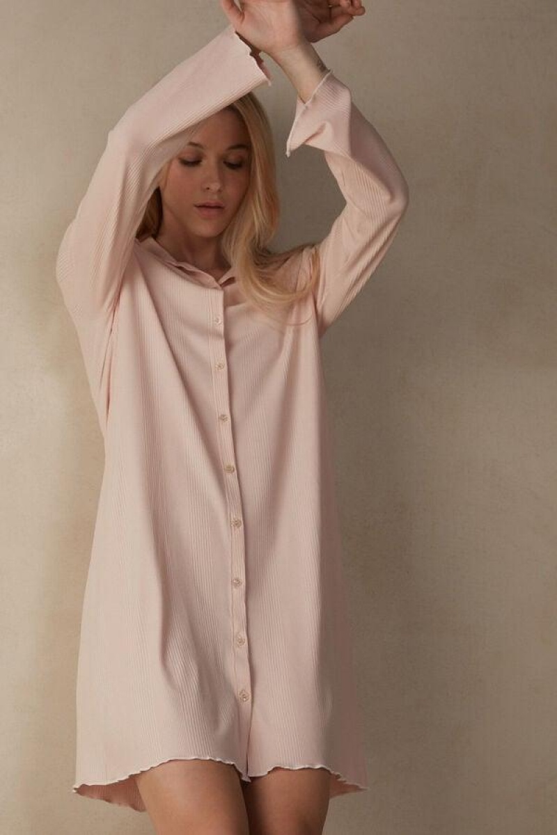 Intimissimi Soft Ribs Button-Up Nightshirt Pyjamas Dame Lyserød | DK3831TV