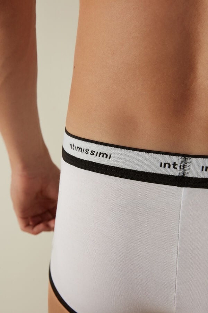 Intimissimi Stretch Supima® Bomulds Shorts with Logo Detail Boxer Herre Hvide Sort | DK3480PQ