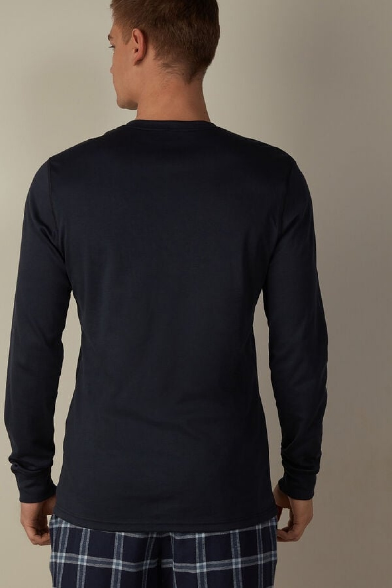 Intimissimi Supima Interlock Long-Sleeve Top Pyjamas Herre Blå | DK3156BC