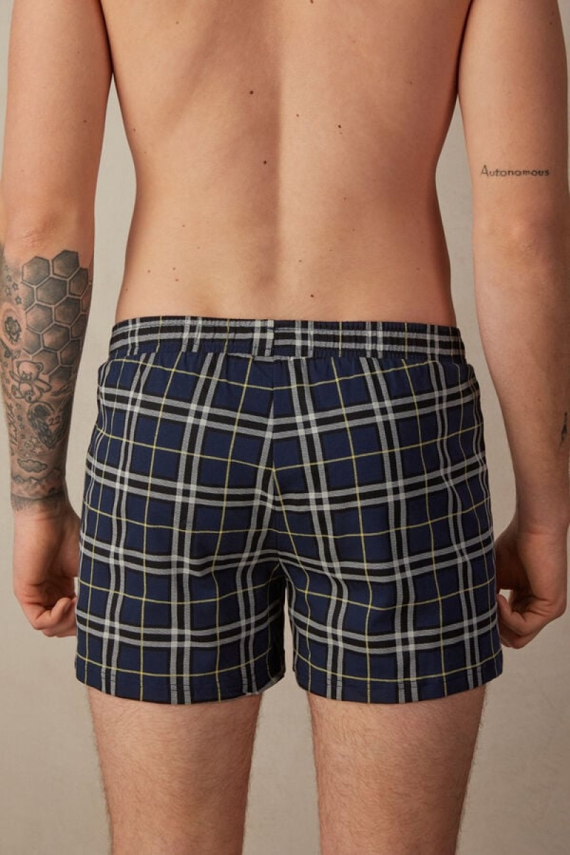 Intimissimi Tartan Patterned Bomulds Jersey Relaxed Fit Boxer Herre Blå Gul | DK3429HK