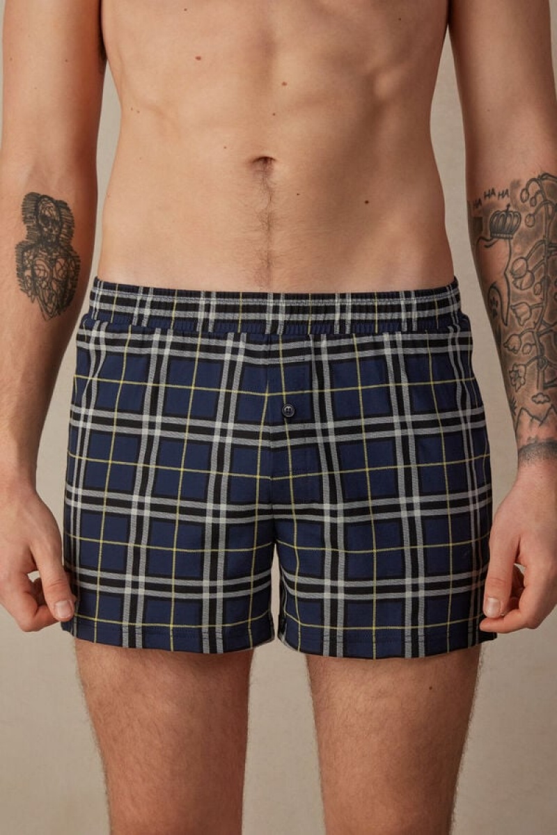 Intimissimi Tartan Patterned Bomulds Jersey Relaxed Fit Boxer Herre Blå Gul | DK3429HK