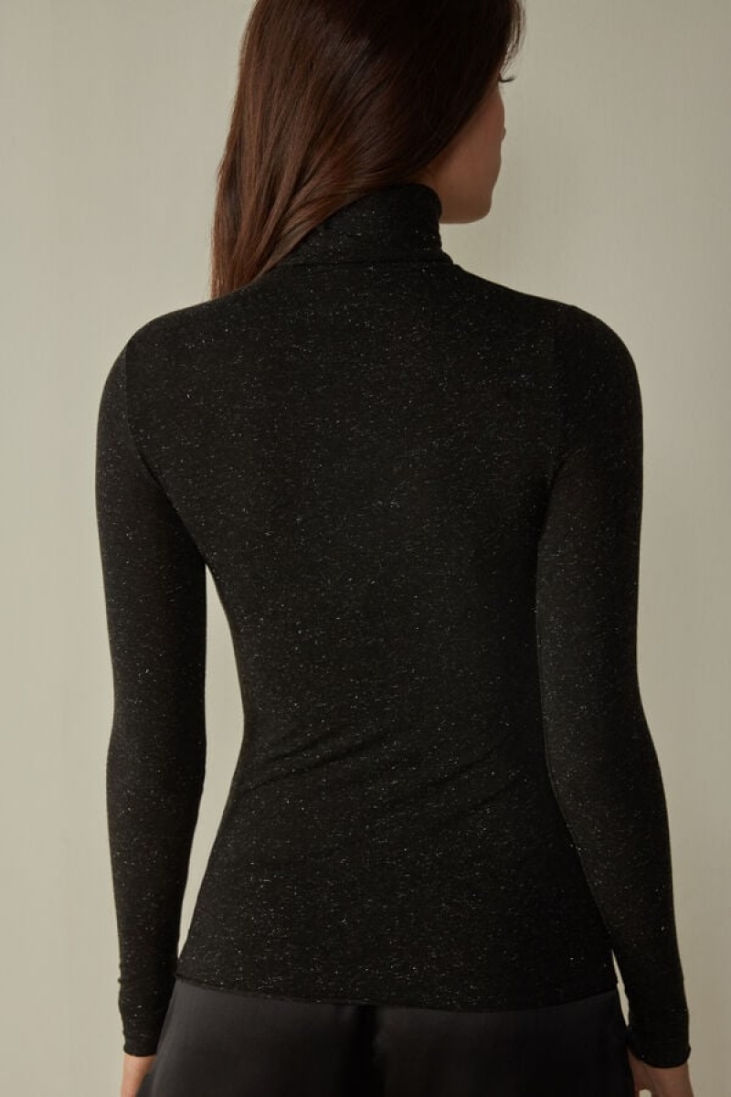 Intimissimi Turtleneck Top in Modal Light with Cashmere Lamé Lange Ærmer Dame Sort | DK4244IS