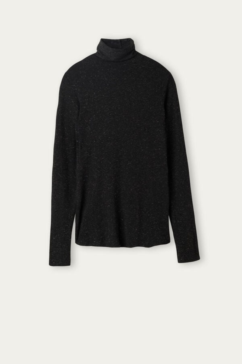 Intimissimi Turtleneck Top in Modal Light with Cashmere Lamé Lange Ærmer Dame Sort | DK4244IS