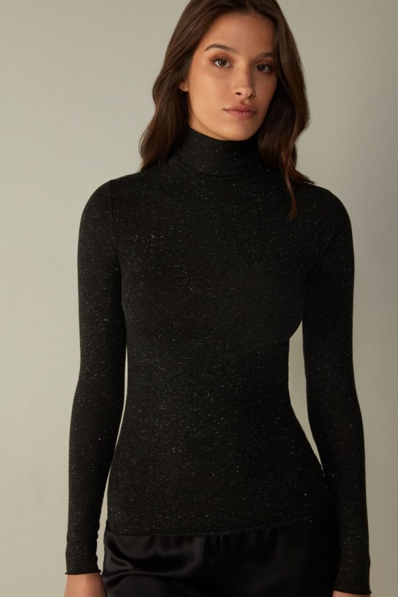 Intimissimi Turtleneck Top in Modal Light with Cashmere Lamé Lange Ærmer Dame Sort | DK4244IS