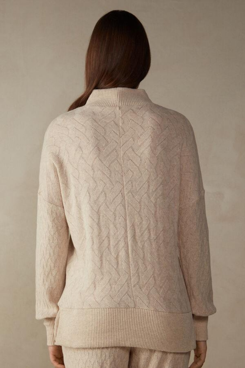 Intimissimi Vinter Braid Long Sleeve Jacquard Top Pyjamas Dame Beige | DK3893DN