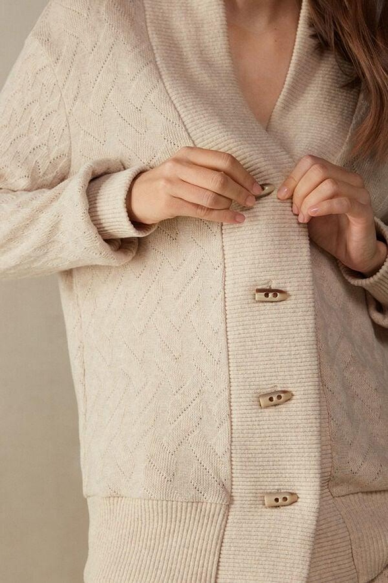 Intimissimi Vinter Braid Long Sleeve Jacquard Cardigan Pyjamas Dame Beige | DK3892FM