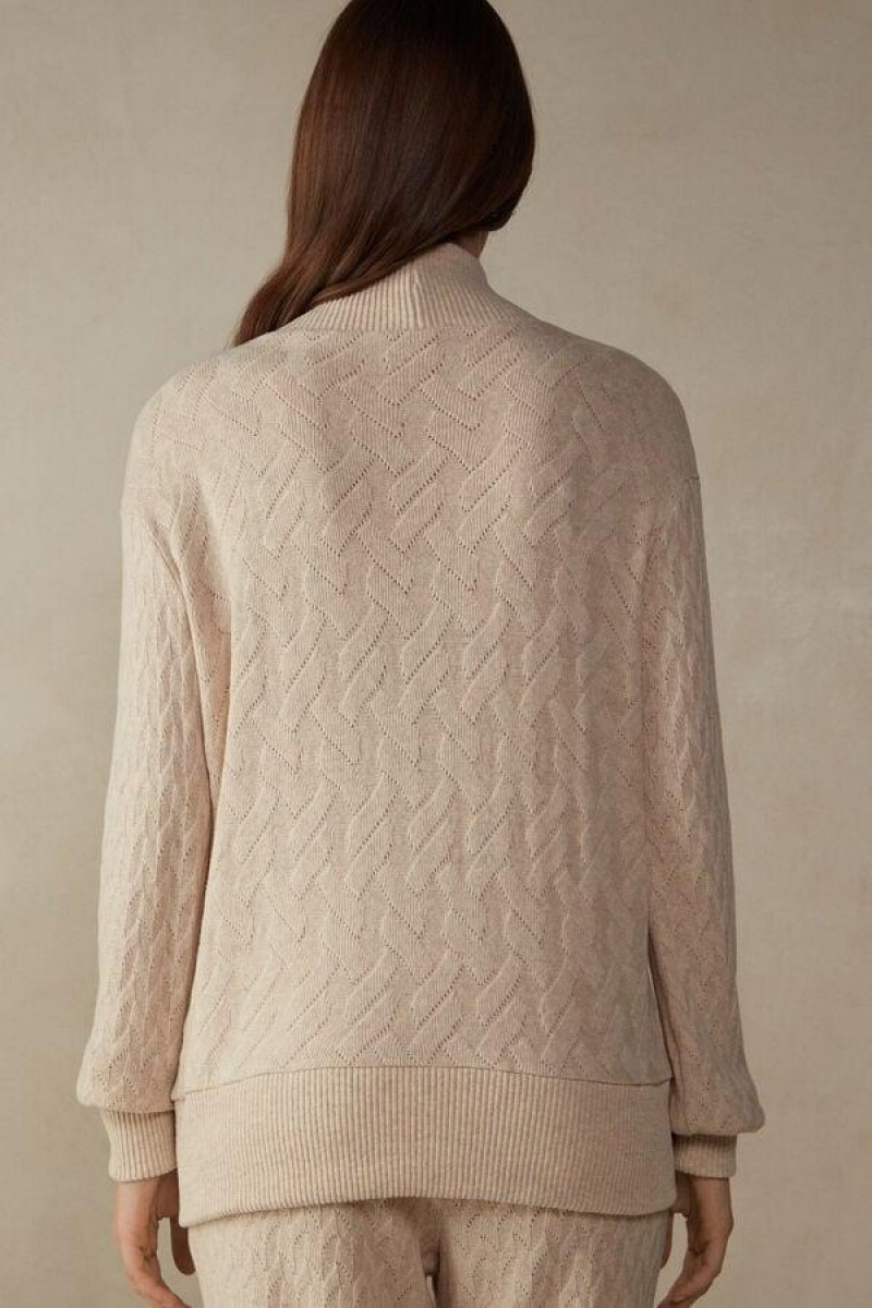 Intimissimi Vinter Braid Long Sleeve Jacquard Cardigan Pyjamas Dame Beige | DK3892FM