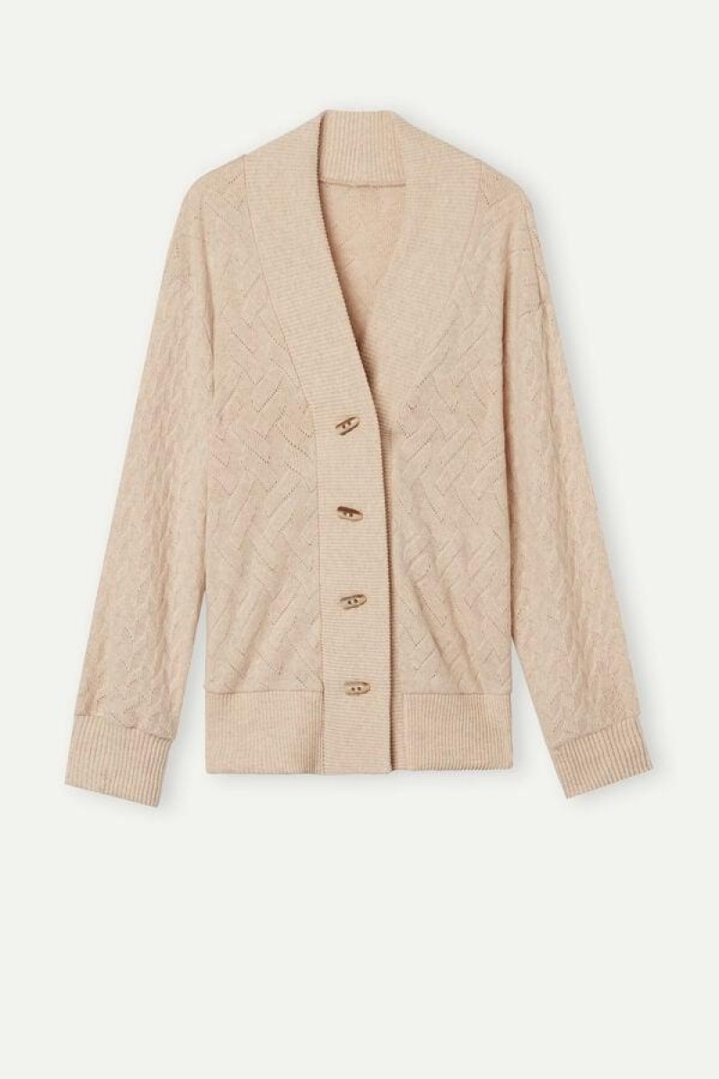 Intimissimi Vinter Braid Long Sleeve Jacquard Cardigan Pyjamas Dame Beige | DK3892FM