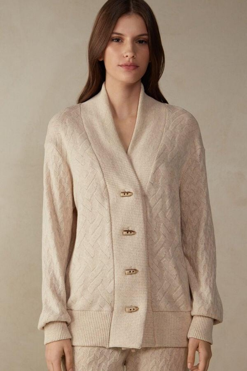 Intimissimi Vinter Braid Long Sleeve Jacquard Cardigan Pyjamas Dame Beige | DK3892FM