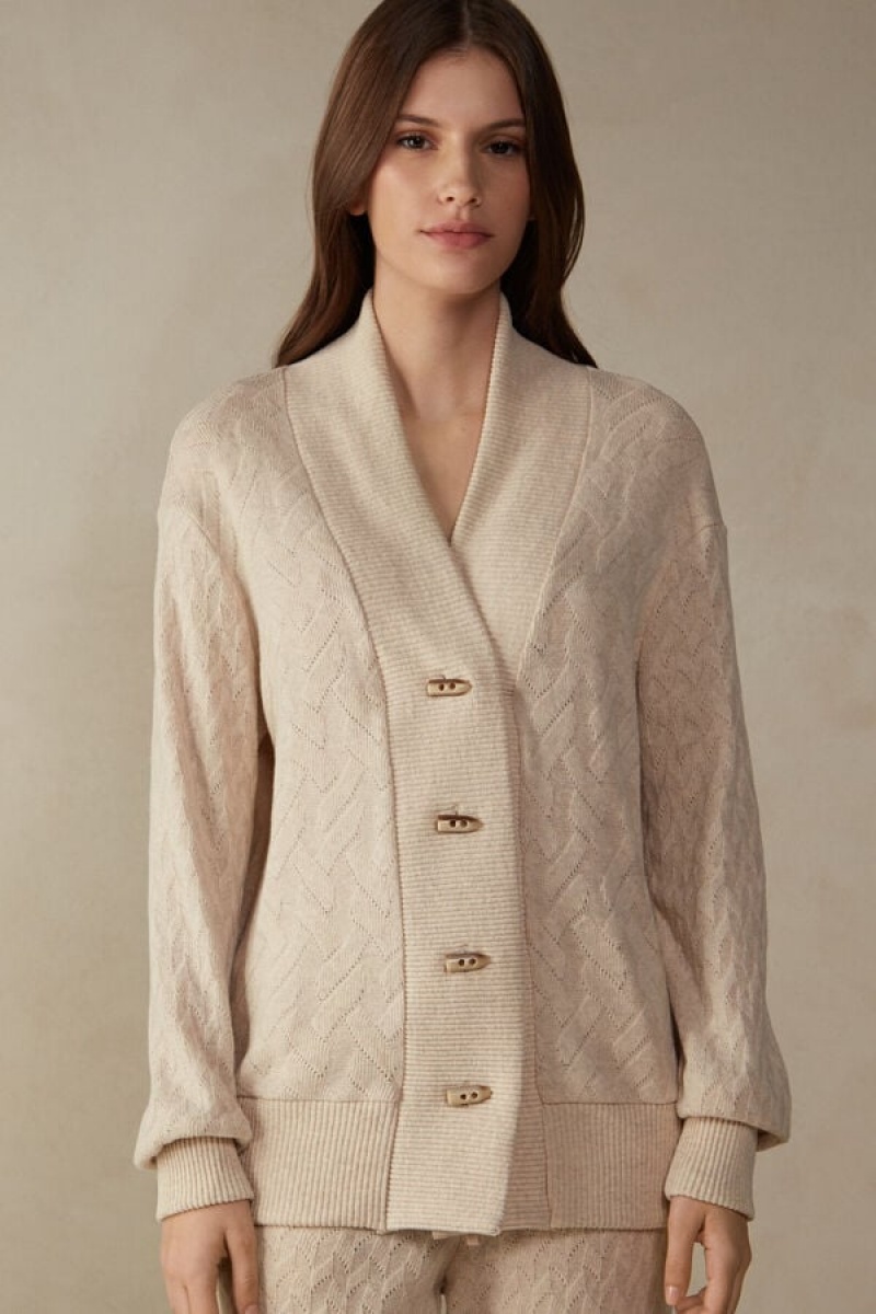 Intimissimi Vinter Braid Long Sleeve Jacquard Cardigan Jakke Dame Beige | DK4276QZ