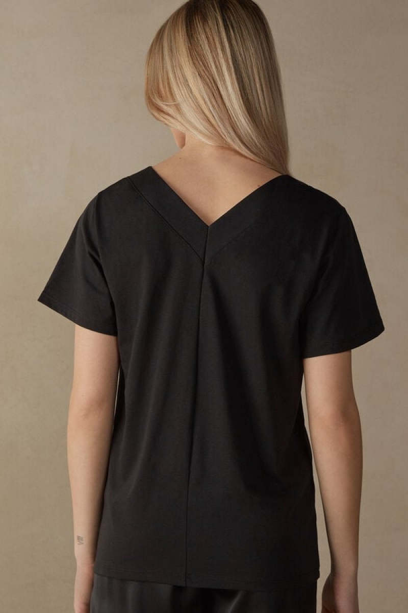 Intimissimi V-neck Top in Supima® Ultrafresh Bomulds Short Sleeve Dame Sort | DK4199QZ