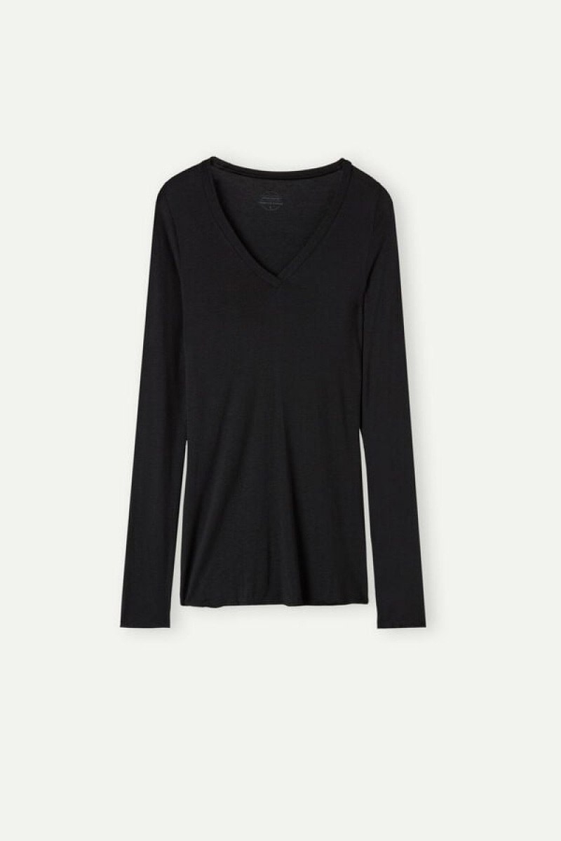 Intimissimi V-neck top in Modal Ultralight with Cashmere Lange Ærmer Dame Sort | DK4233KI