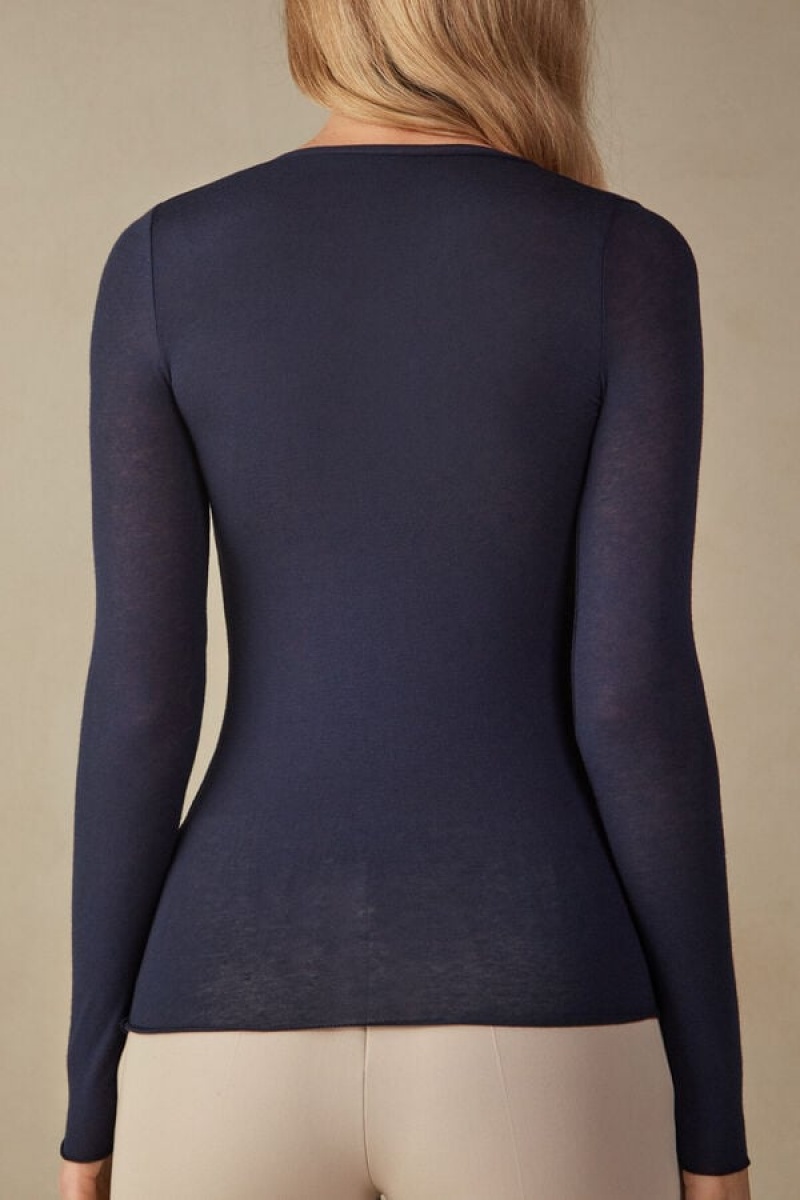 Intimissimi V-neck top in Modal Ultralight with Cashmere Lange Ærmer Dame Blå | DK4230XF