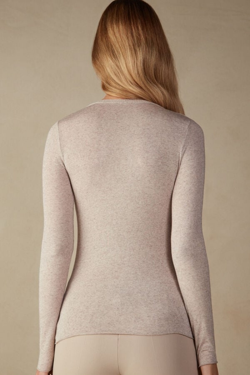 Intimissimi V-neck top in Modal Ultralight with Cashmere Lange Ærmer Dame Beige | DK4229CE