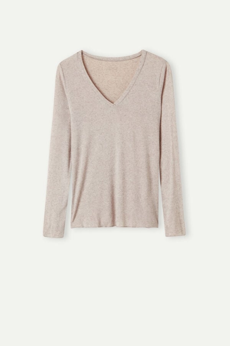 Intimissimi V-neck top in Modal Ultralight with Cashmere Lange Ærmer Dame Beige | DK4229CE