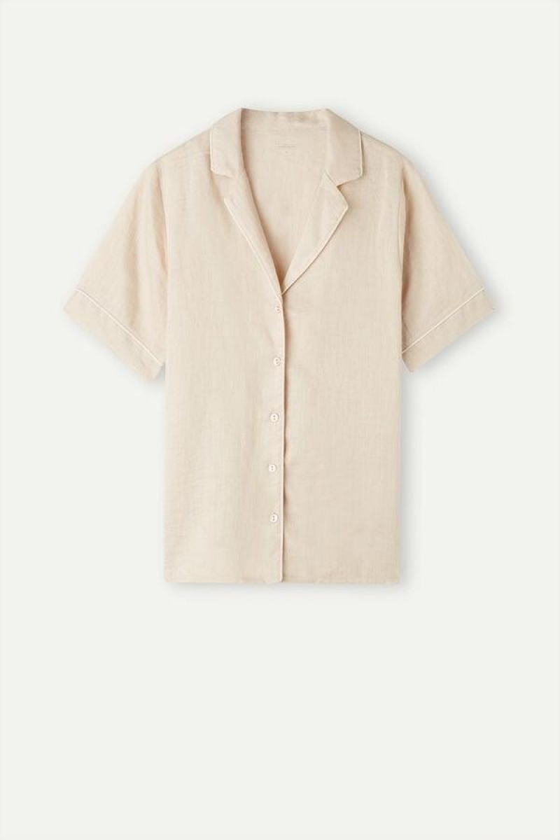 Intimissimi Yacht Night Linen Kort Sleeve Shirt Pyjamas Dame Beige | DK3965MA