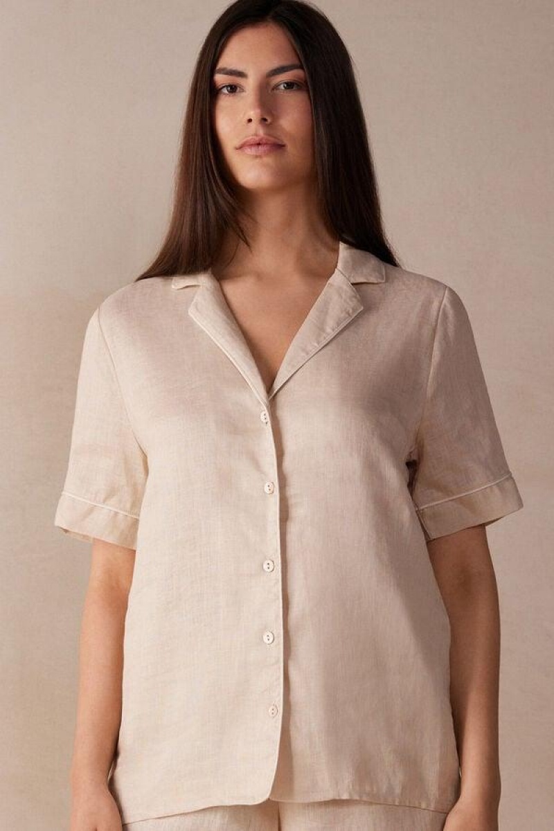 Intimissimi Yacht Night Linen Kort Sleeve Shirt Pyjamas Dame Beige | DK3965MA