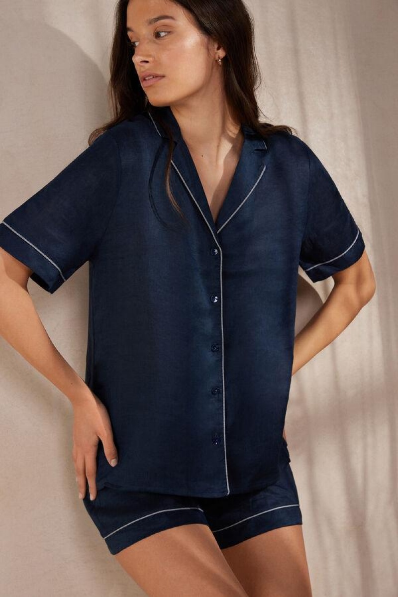 Intimissimi Yacht Night Linen Kort Sleeve Shirt Pyjamas Dame Blå | DK3964QZ