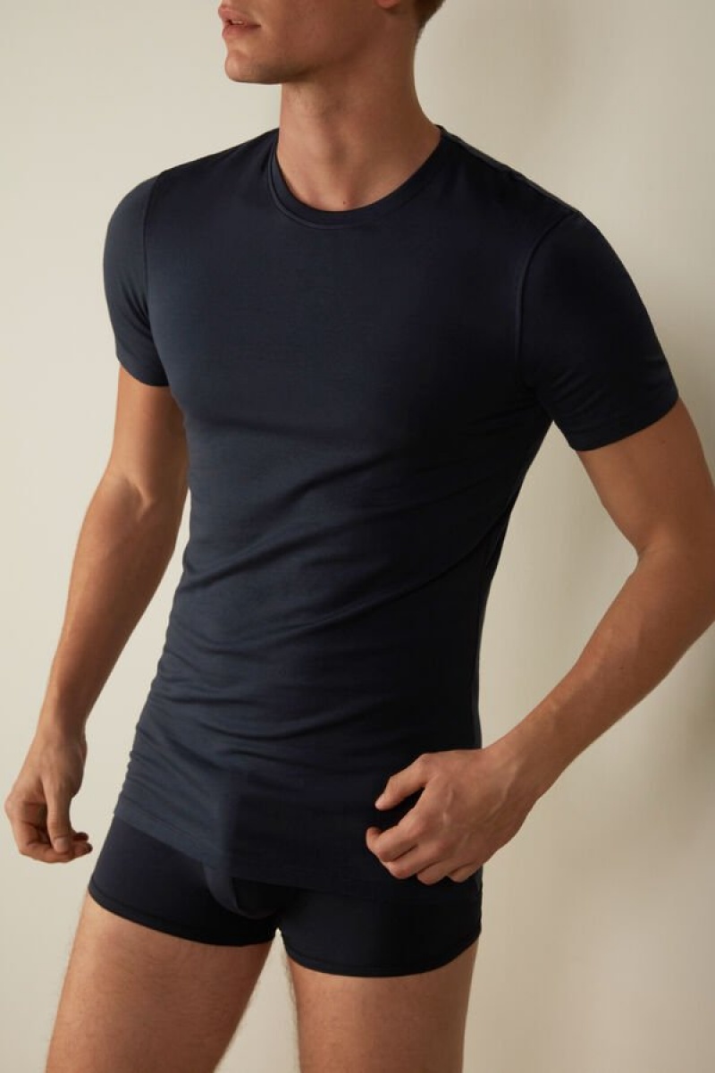 Intimissimi in Stretch Supima® Bomulds T Shirts Herre Blå | DK3048HK